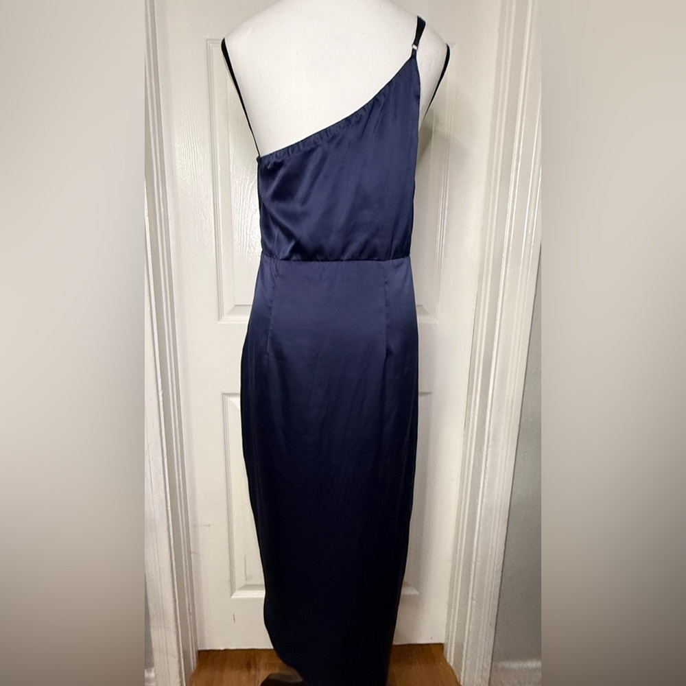 Lulu's Midnight Blue One-Shoulder Cocktail Dress Silky Prom - Picture 7 of 10